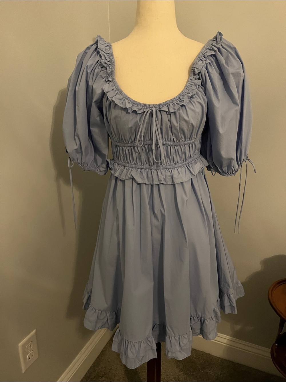 En Saison Light Blue Puff Sleeve Ruffle Mini Dress